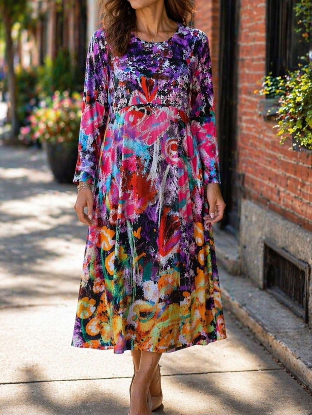 NWT Dolcezza Abstract Floral Maxi Dress Purple Pink Long Sleeve Artsy Boho